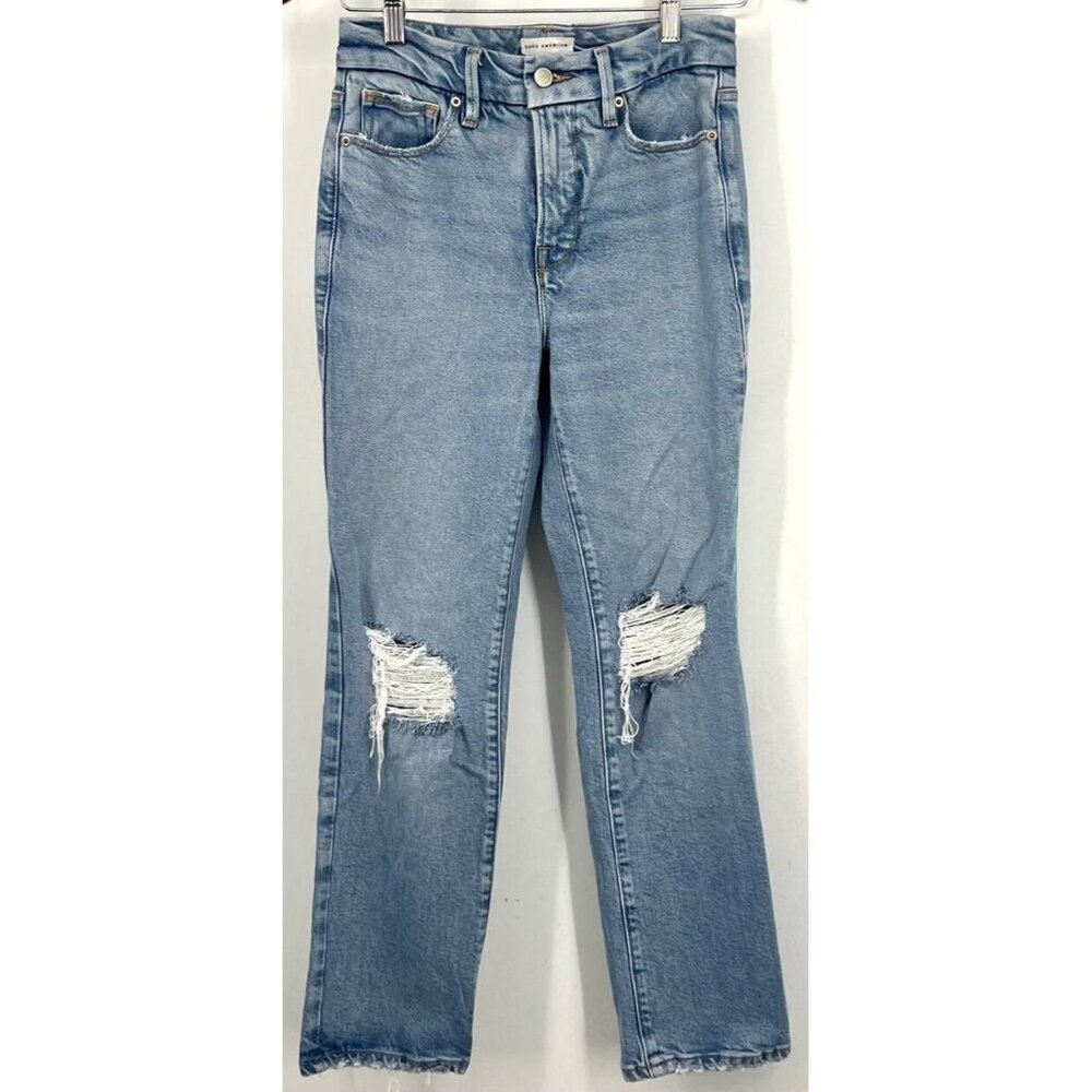 Good American Good Legs Straight Jeans Distressed Size 26 EUC Stretch Shaping